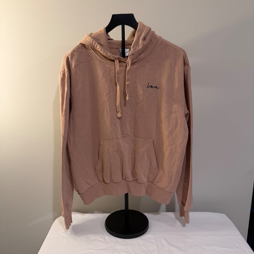 H&M Divided Women Mauve Pink Love Embroidered Pullover Hoodie Sweatshirt Medium